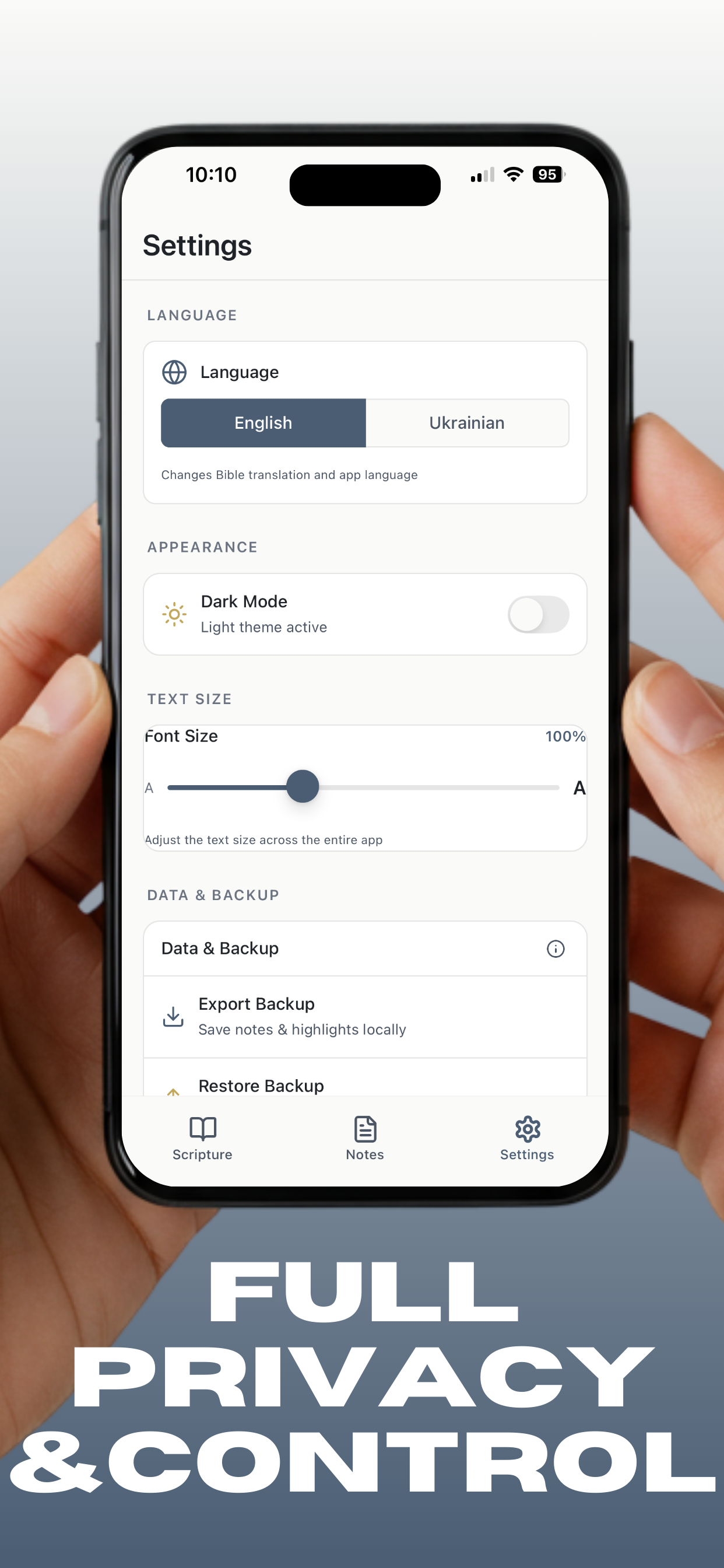 VerseLink privacy settings showing zero data collection